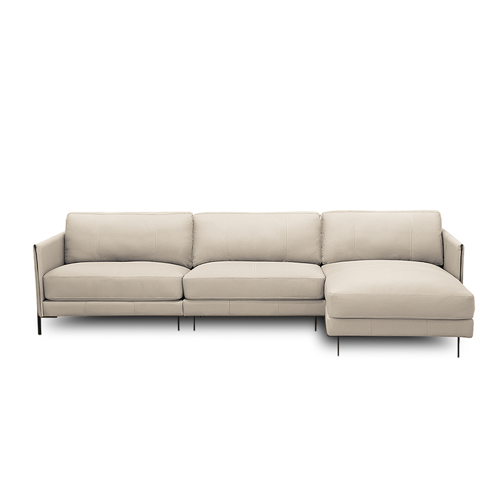 Sofá Decorativo Karine 5 Lugares Sala de estar 300cm com Chaise Pés em Aço Couro Bege G88 - Gran Belo