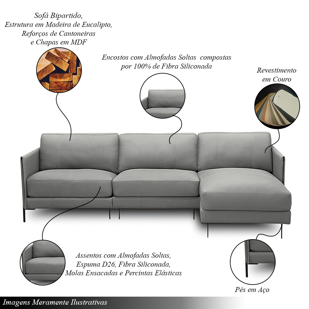 Sofá Decorativo Karine 5 Lugares Sala de estar 300cm com Chaise Pés em Aço Couro Grafite G88 - Gran Belo
