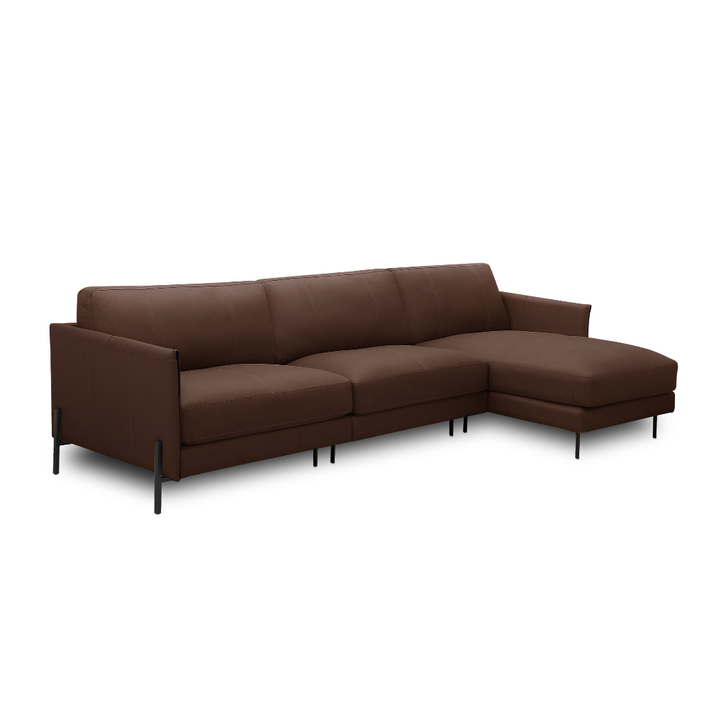 Sofá Decorativo Karine 5 Lugares Sala de estar 300cm com Chaise Pés em Aço Couro Marrom Chocolate G88 - Gran Belo