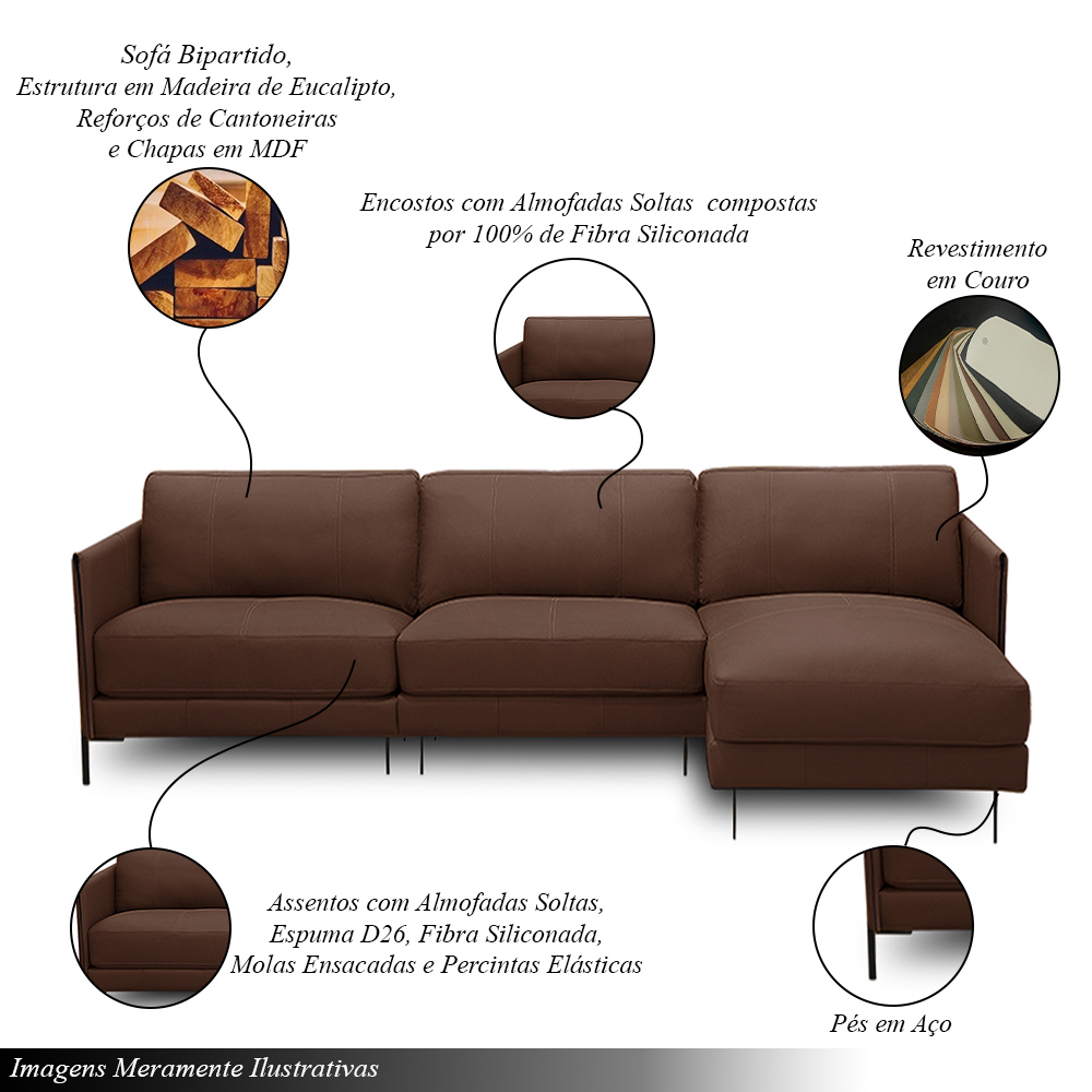 Sofá Decorativo Karine 5 Lugares Sala de estar 300cm com Chaise Pés em Aço Couro Marrom Chocolate G88 - Gran Belo