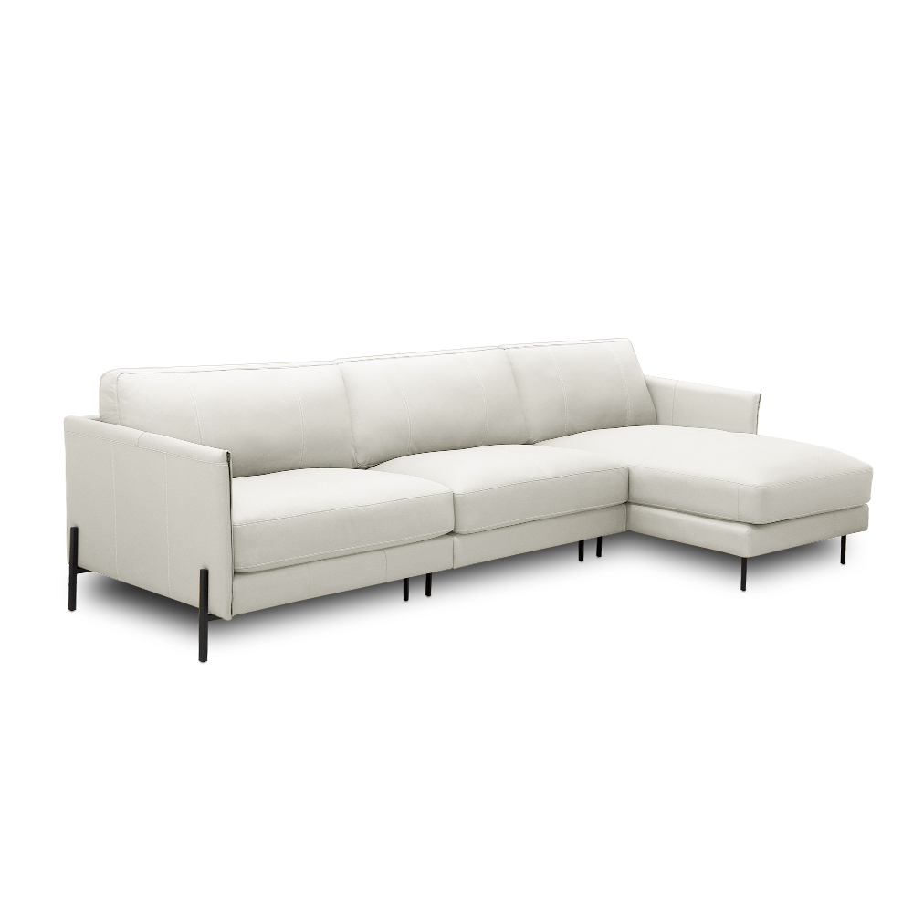 Sofá Decorativo Karine 5 Lugares Sala de estar 300cm com Chaise Pés em Aço Couro Off White G88 - Gran Belo