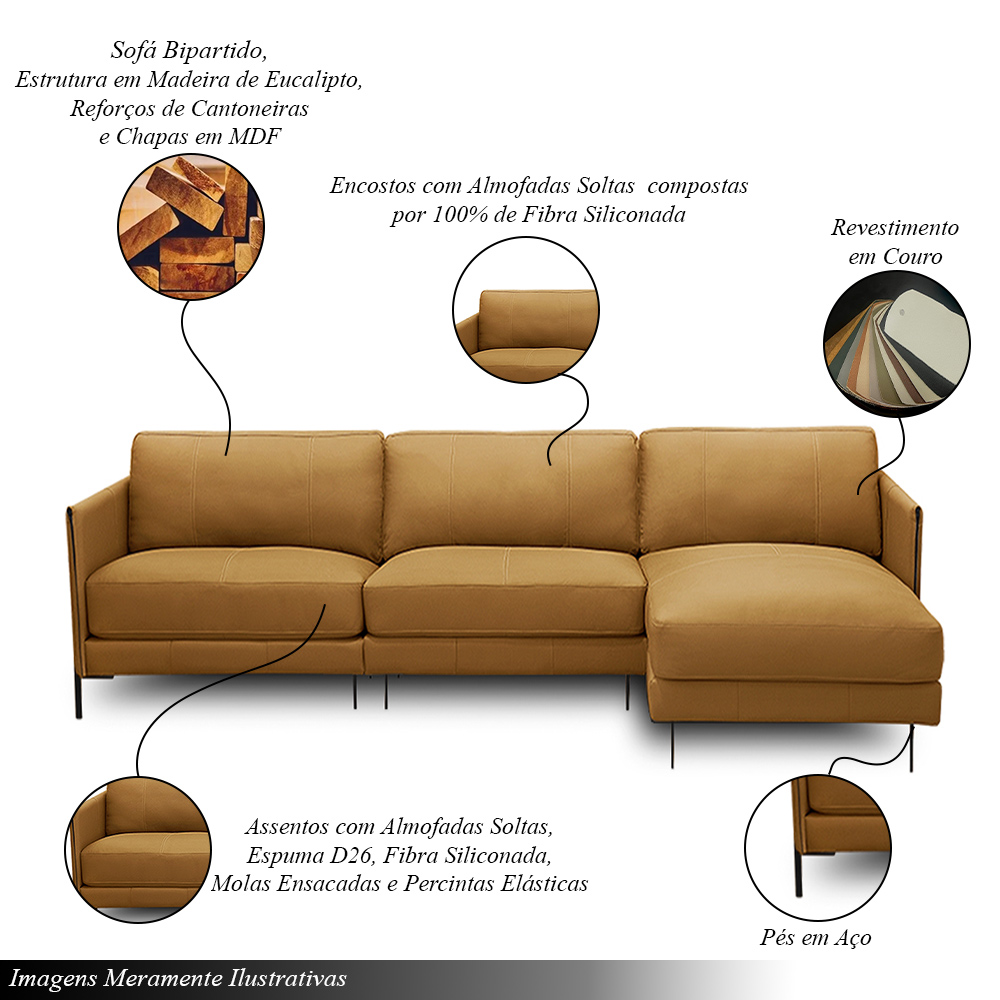 Sofá Decorativo Karine 5 Lugares Sala de estar 330cm com Chaise Pés em Aço Couro Caramelo G88 - Gran Belo