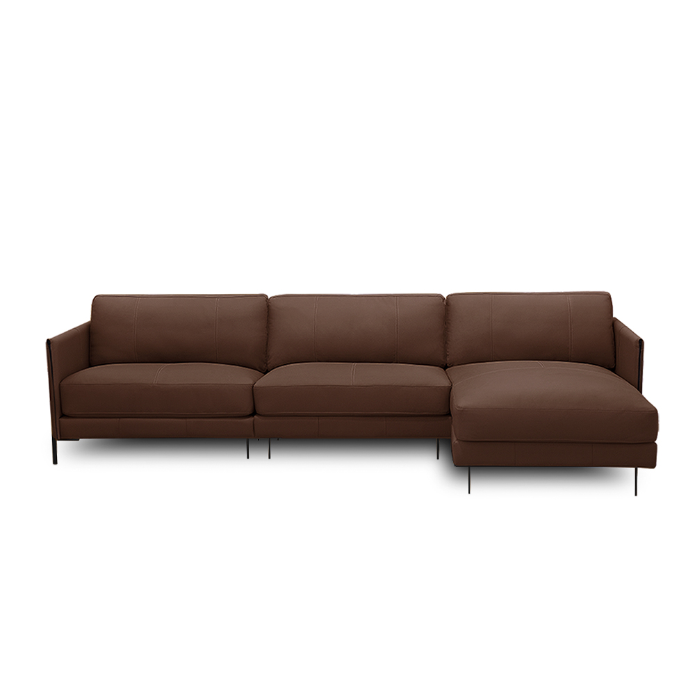 Sofá Decorativo Karine 5 Lugares Sala de estar 330cm com Chaise Pés em Aço Couro Marrom Chocolate G88 - Gran Belo