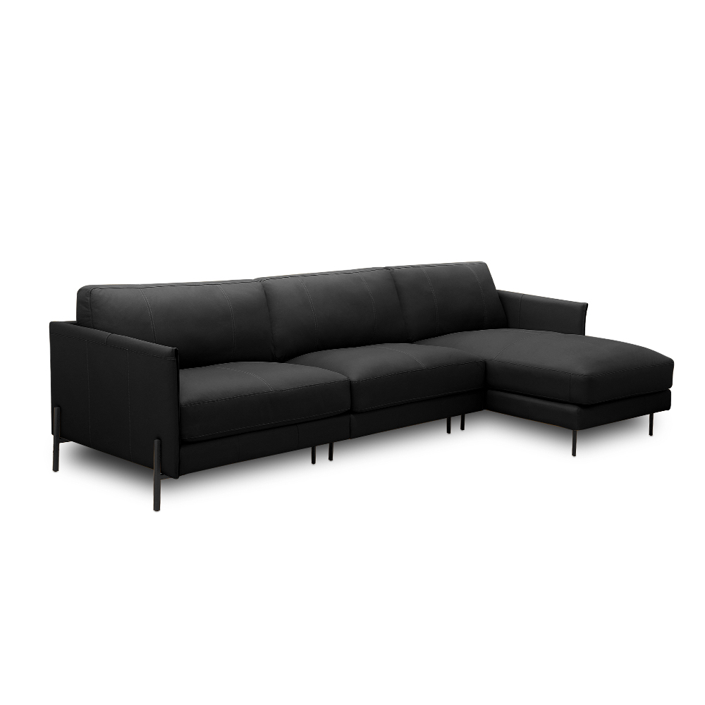 Sofá Decorativo Karine 5 Lugares Sala de estar 330cm com Chaise Pés em Aço Couro Preto G88 - Gran Belo
