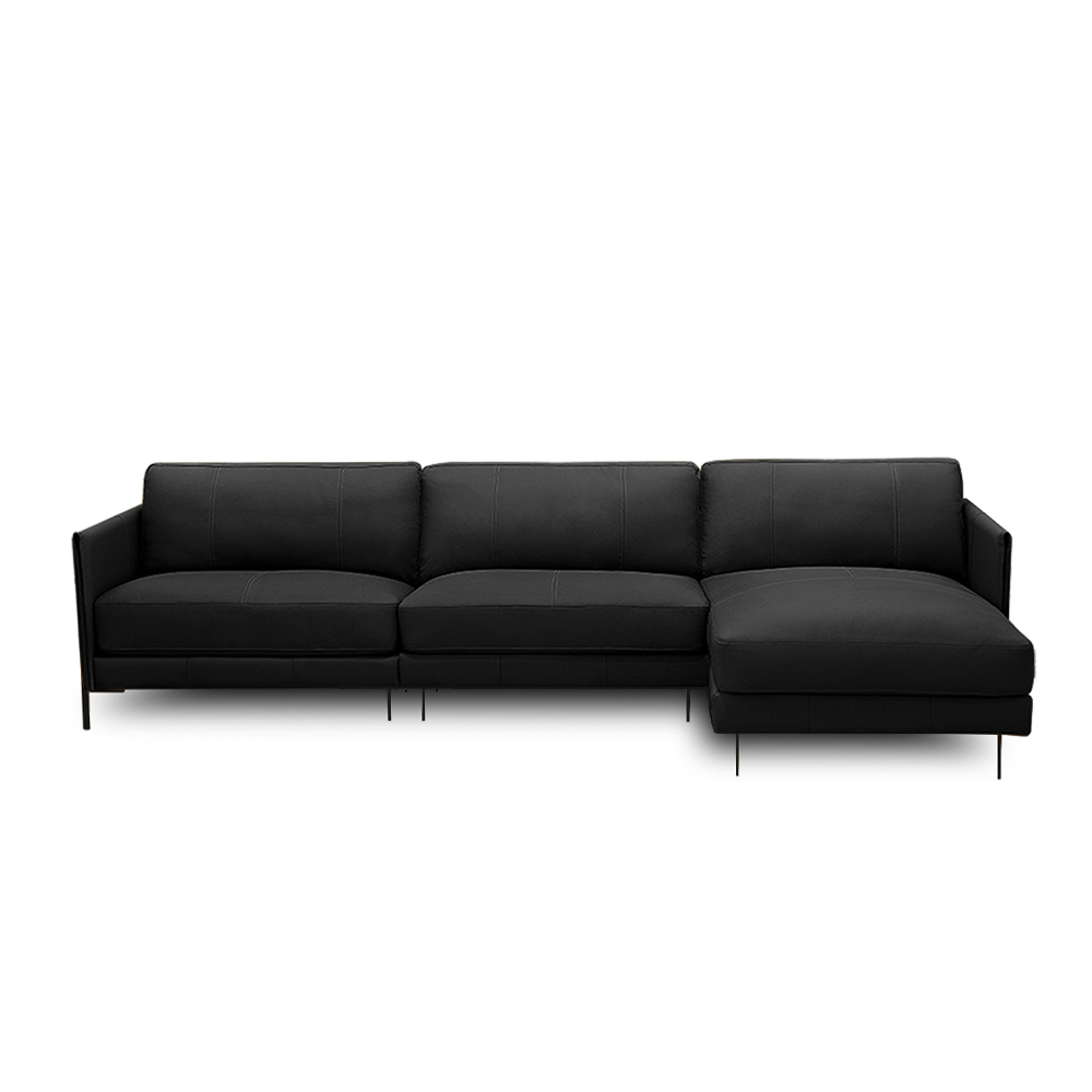 Sofá Decorativo Karine 5 Lugares Sala de estar 330cm com Chaise Pés em Aço Couro Preto G88 - Gran Belo