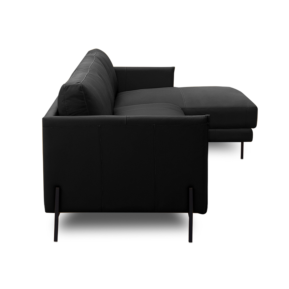 Sofá Decorativo Karine 5 Lugares Sala de estar 330cm com Chaise Pés em Aço Couro Preto G88 - Gran Belo