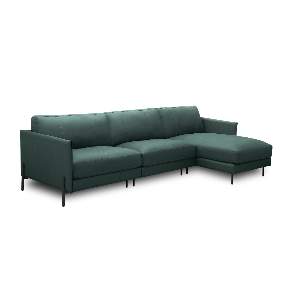 Sofá Decorativo Karine 5 Lugares Sala de estar 330cm com Chaise Pés em Aço Couro Verde Musgo G88 - Gran Belo