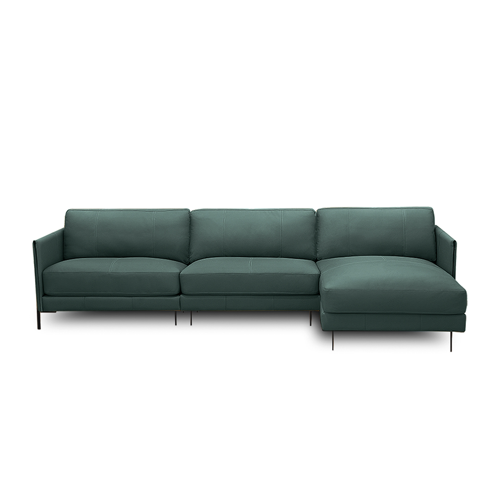 Sofá Decorativo Karine 5 Lugares Sala de estar 330cm com Chaise Pés em Aço Couro Verde Musgo G88 - Gran Belo