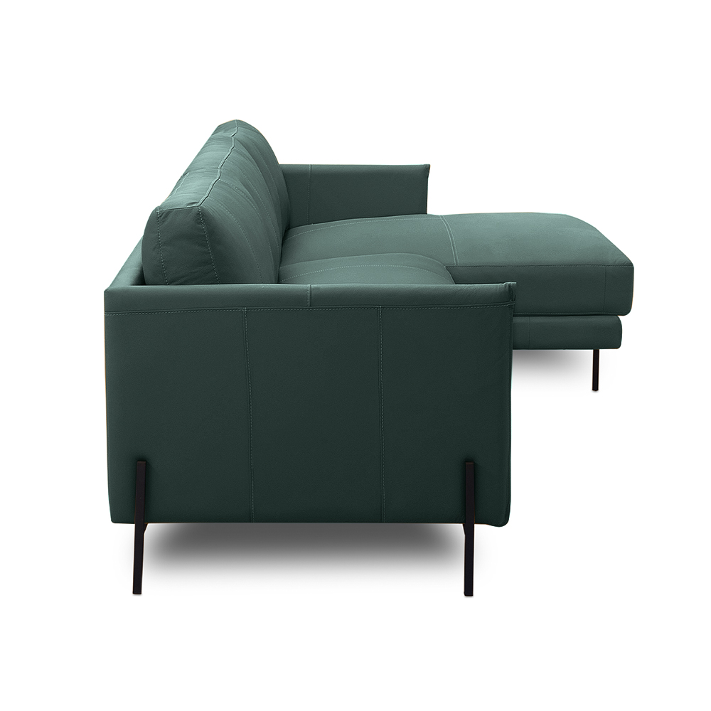 Sofá Decorativo Karine 5 Lugares Sala de estar 330cm com Chaise Pés em Aço Couro Verde Musgo G88 - Gran Belo