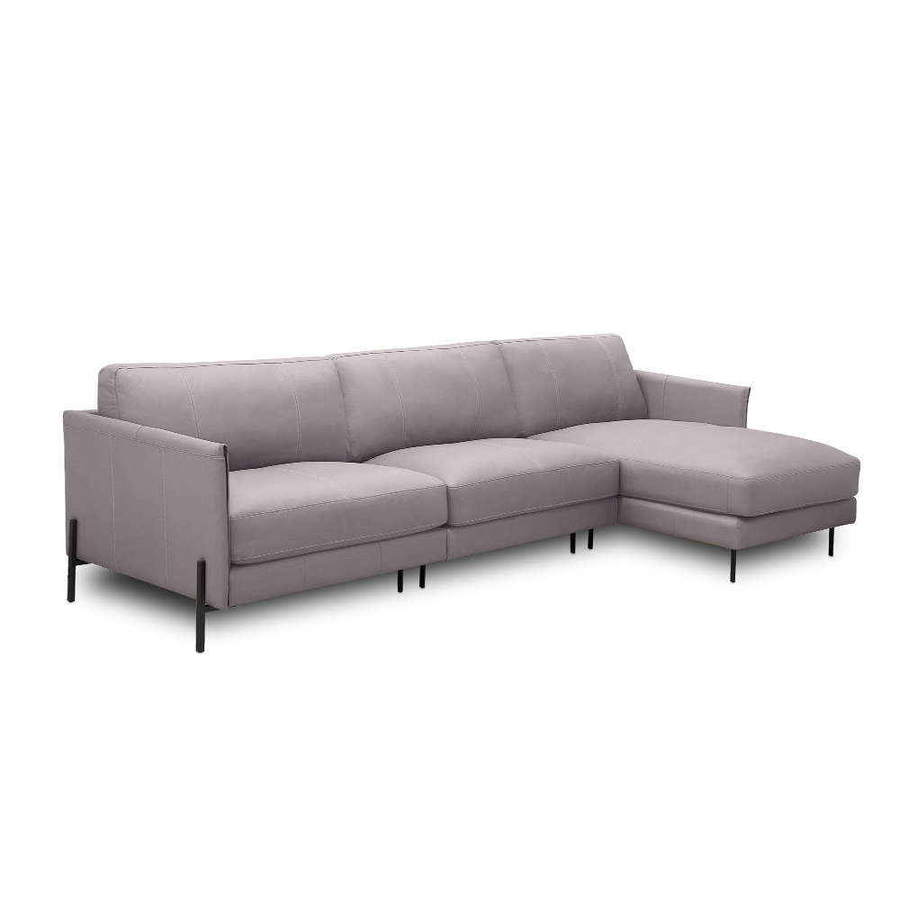 Sofá Decorativo Karine 6 Lugares Sala de estar 360cm com Chaise Pés em Aço Couro Avelã G88 - Gran Belo