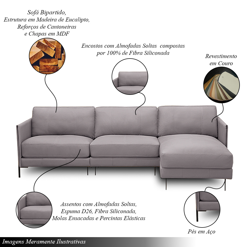 Sofá Decorativo Karine 6 Lugares Sala de estar 360cm com Chaise Pés em Aço Couro Avelã G88 - Gran Belo