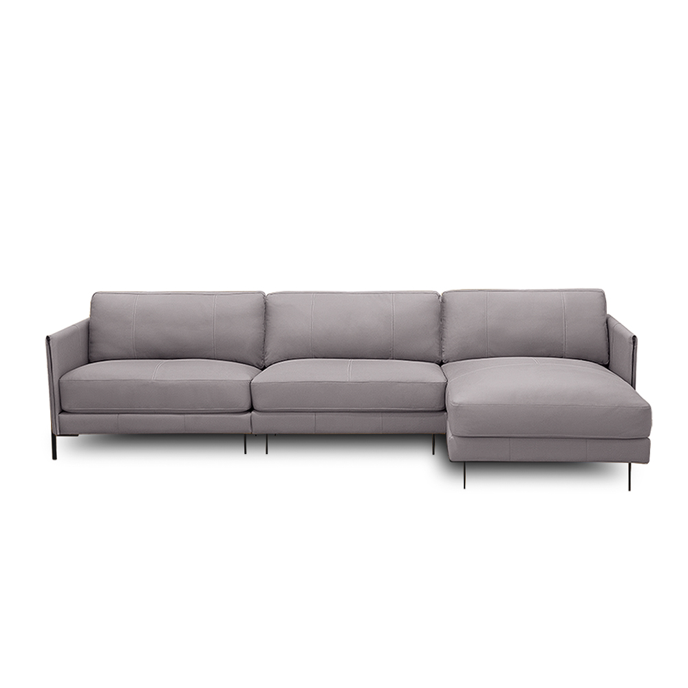 Sofá Decorativo Karine 6 Lugares Sala de estar 360cm com Chaise Pés em Aço Couro Avelã G88 - Gran Belo