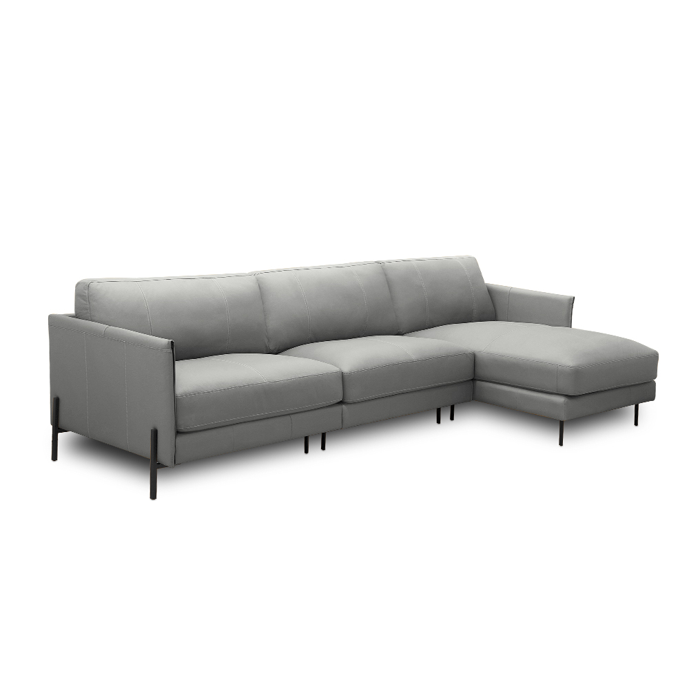 Sofá Decorativo Karine 6 Lugares Sala de estar 360cm com Chaise Pés em Aço Couro Grafite G88 - Gran Belo