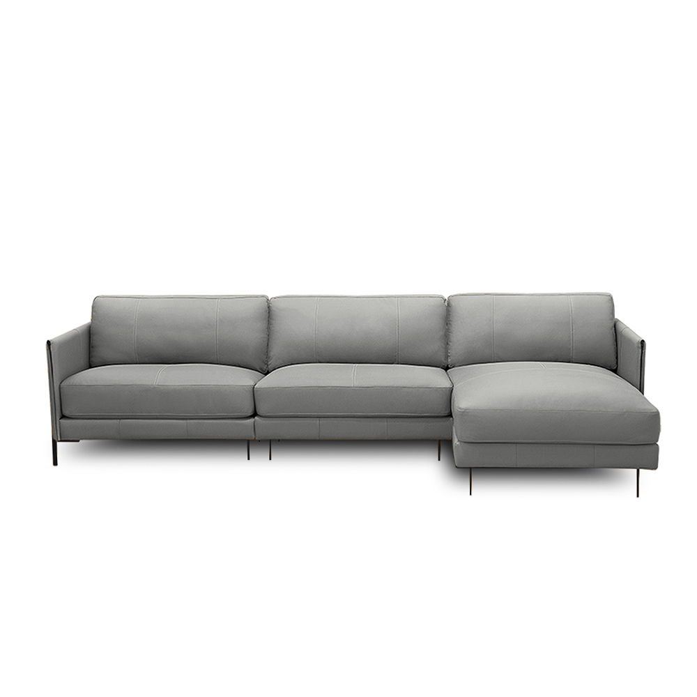 Sofá Decorativo Karine 6 Lugares Sala de estar 360cm com Chaise Pés em Aço Couro Grafite G88 - Gran Belo