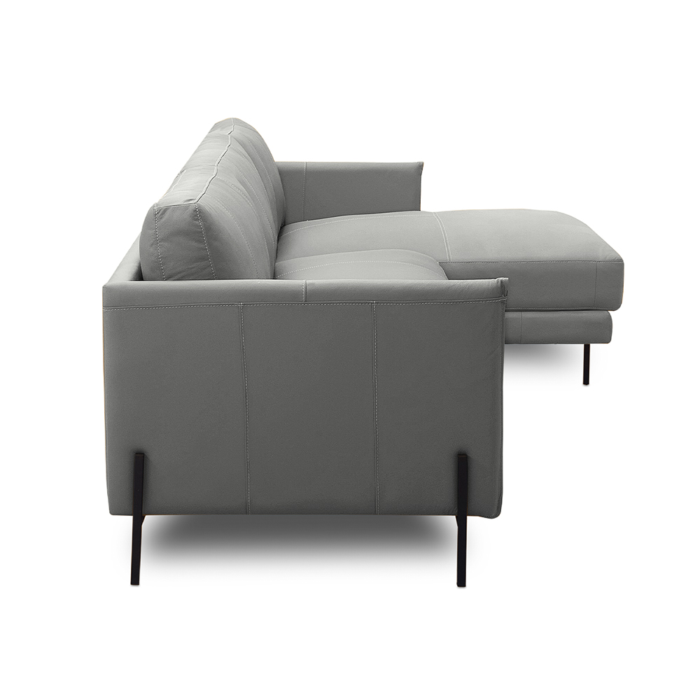 Sofá Decorativo Karine 6 Lugares Sala de estar 360cm com Chaise Pés em Aço Couro Grafite G88 - Gran Belo