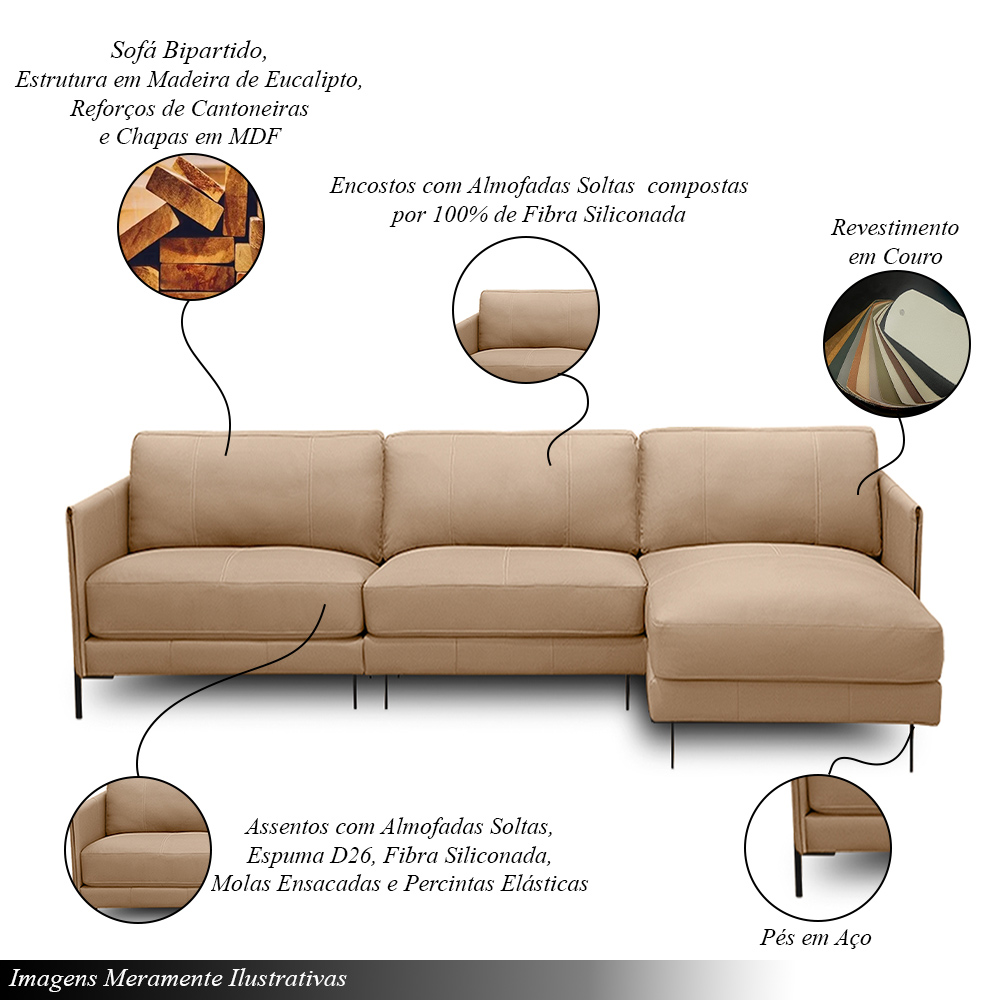 Sofá Decorativo Karine 6 Lugares Sala de estar 360cm com Chaise Pés em Aço Couro Nude G88 - Gran Belo