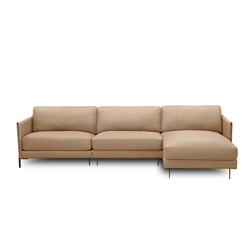 Sofá Decorativo Karine 6 Lugares Sala de estar 360cm com Chaise Pés em Aço Couro Nude G88 - Gran Belo