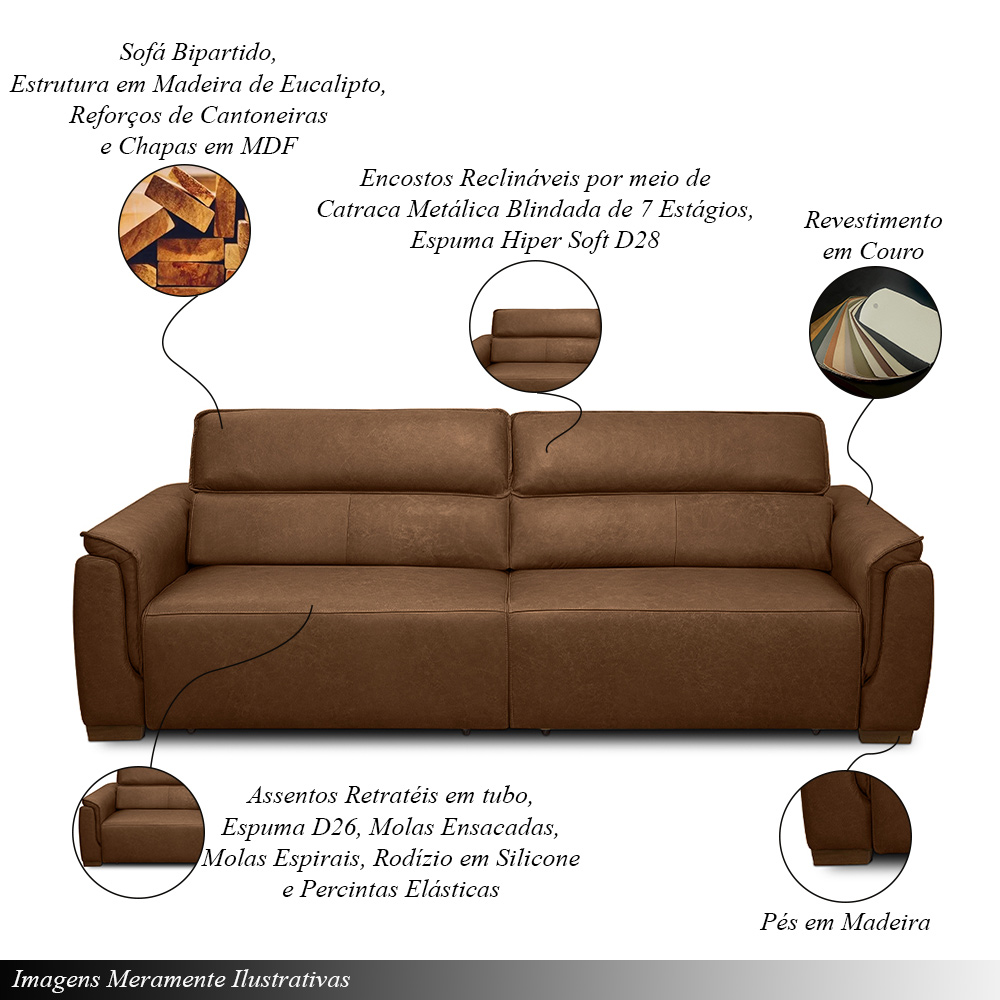 Sofá Decorativo Lorenzo 3 Lugares Sala de estar 220cm Reclinável e Retrátil Couro Marrom Claro Manchado G88 - Gran Belo