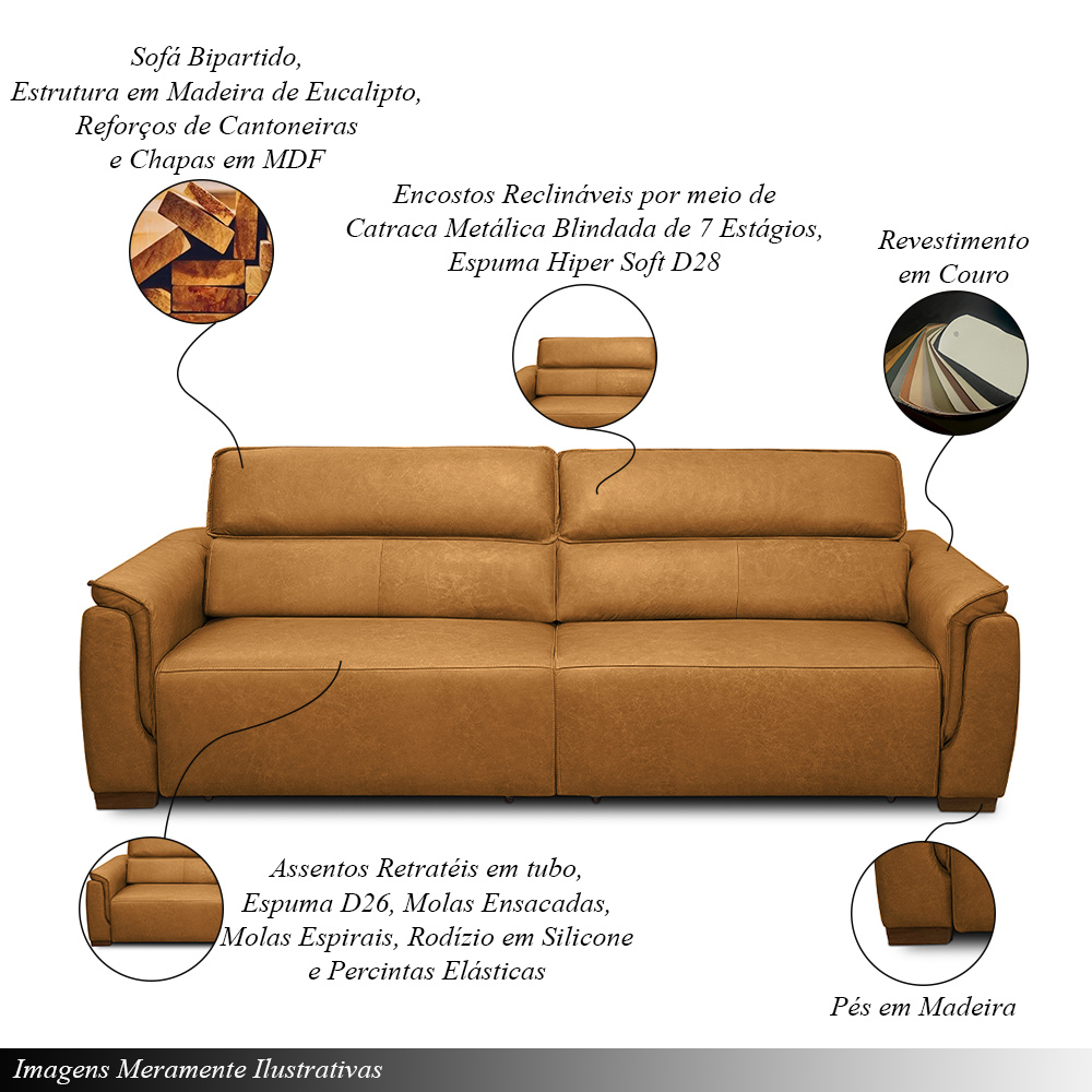 Sofá Decorativo Lorenzo 3 Lugares Sala de estar 240cm Reclinável e Retrátil Couro Caramelo Manchado G88 - Gran Belo
