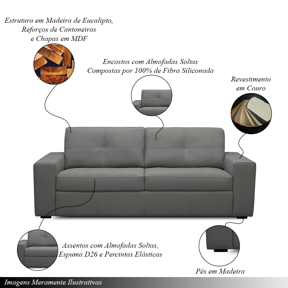 Sofá Decorativo Mendes 2 Lugares Sala de estar 150cm Pés em Madeira Couro Grafite G88 - Gran Belo