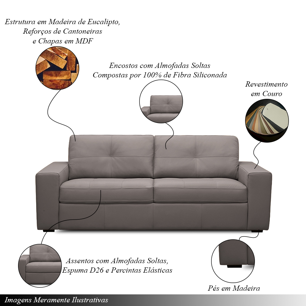 Sofá Decorativo Mendes 3 Lugares Sala de estar 235cm Pés em Madeira Couro Avelã G88 - Gran Belo