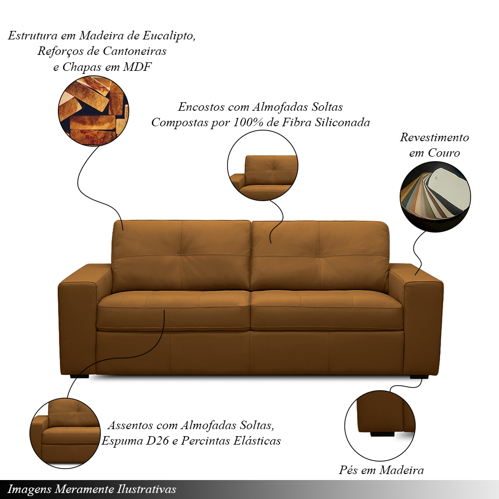Sofá Decorativo Mendes 3 Lugares Sala de estar 235cm Pés em Madeira Couro Caramelo G88 - Gran Belo