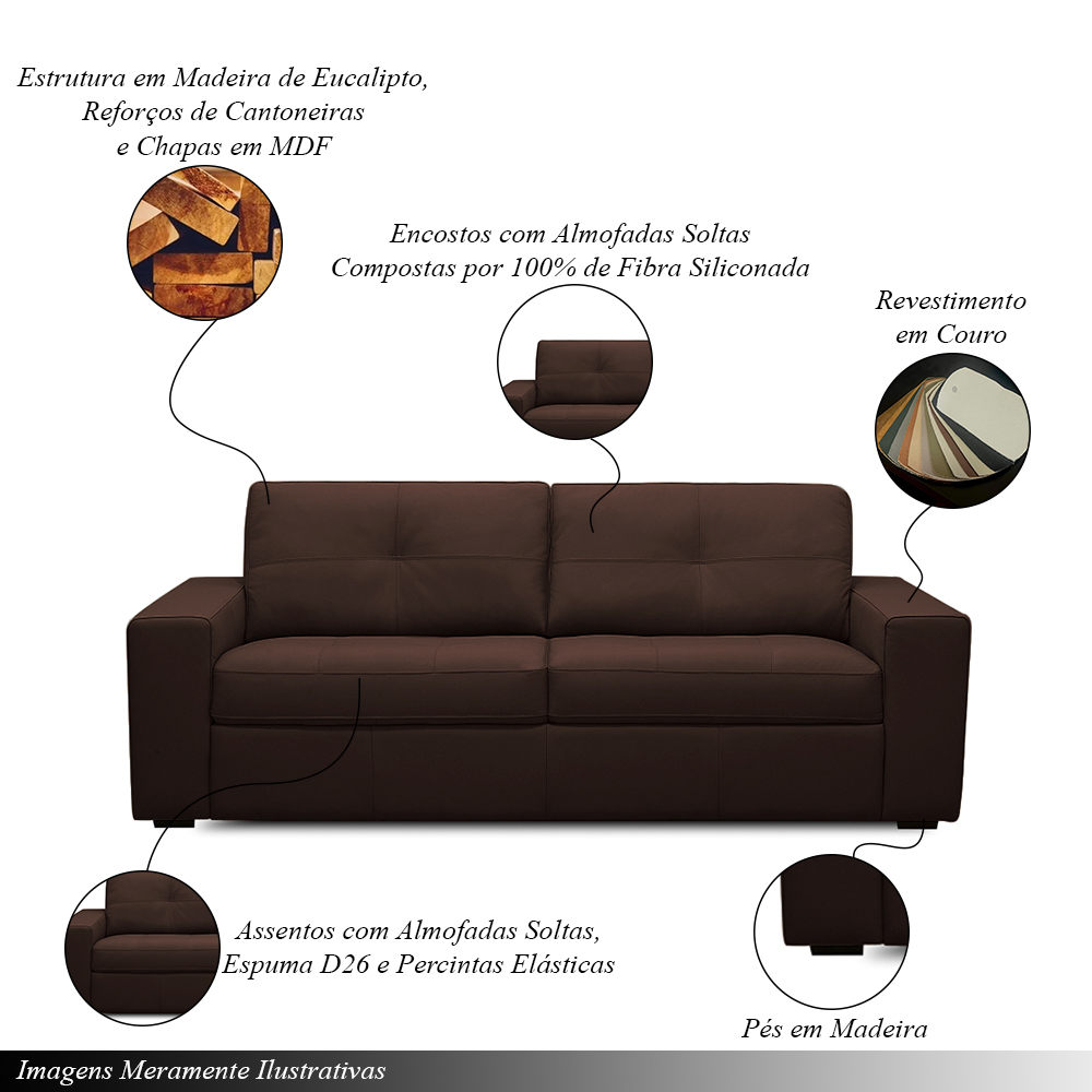 Sofá Decorativo Mendes 3 Lugares Sala de estar 235cm Pés em Madeira Couro Marrom Chocolate G88 - Gran Belo