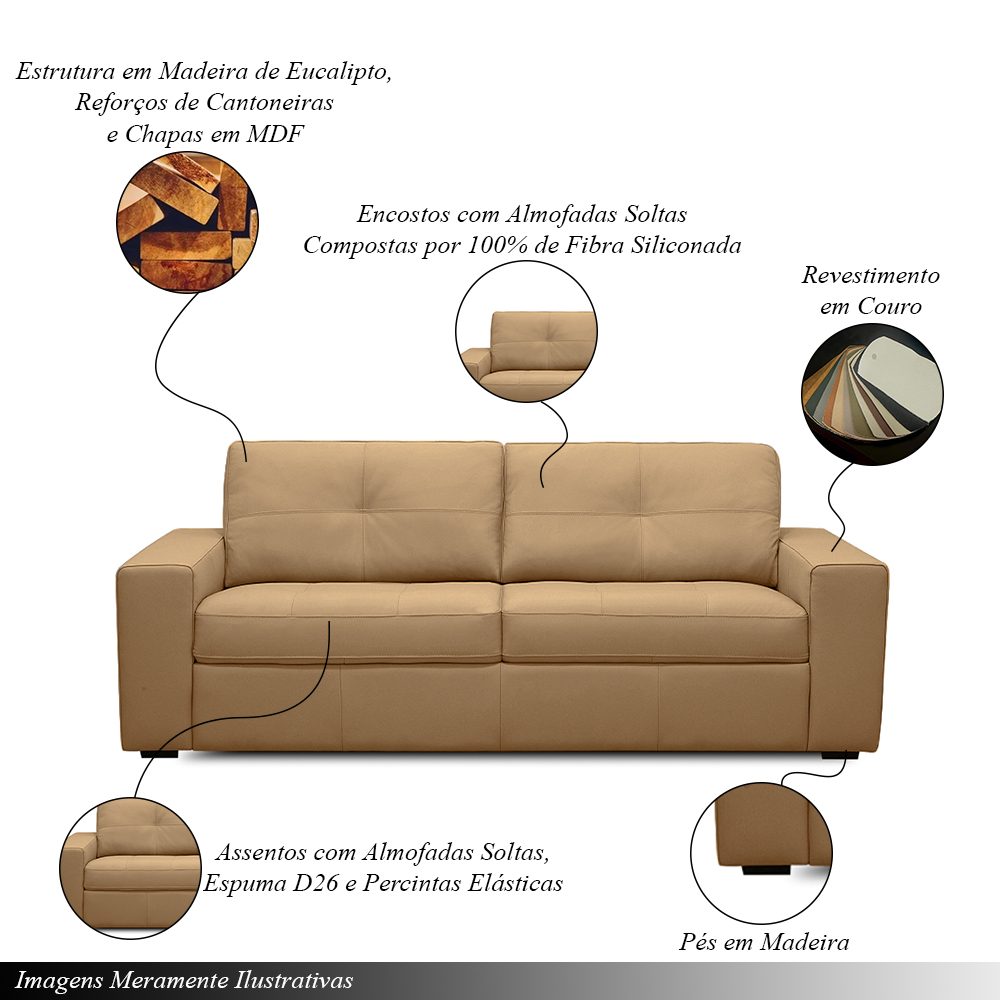 Sofá Decorativo Mendes 3 Lugares Sala de estar 235cm Pés em Madeira Couro Nude G88 - Gran Belo