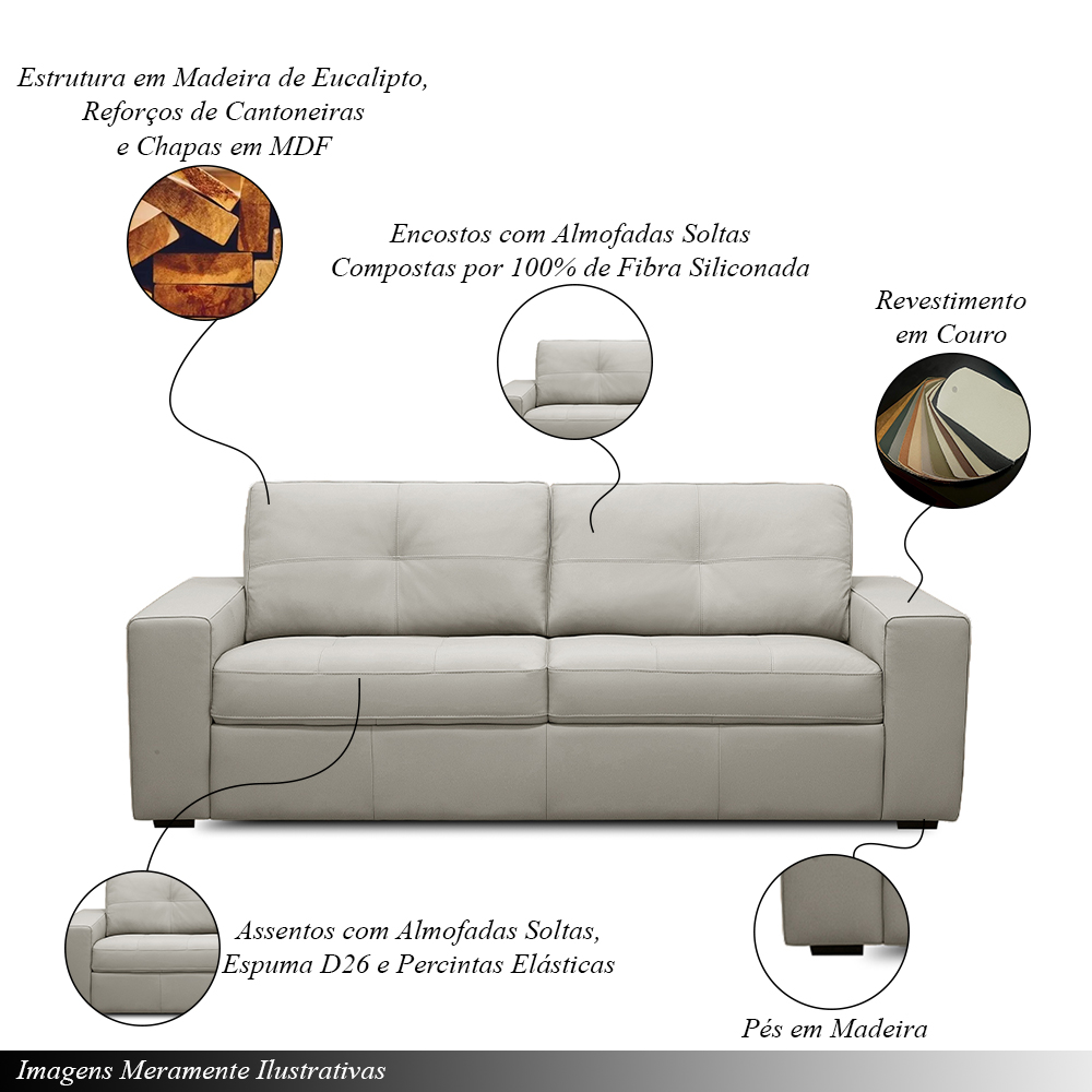 Sofá Decorativo Mendes 3 Lugares Sala de estar 235cm Pés em Madeira Couro Off White G88 - Gran Belo