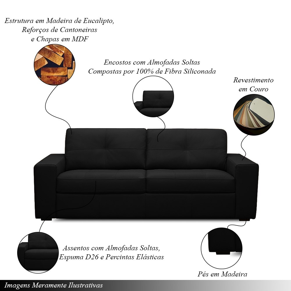 Sofá Decorativo Mendes 3 Lugares Sala de estar 235cm Pés em Madeira Couro Preto G88 - Gran Belo