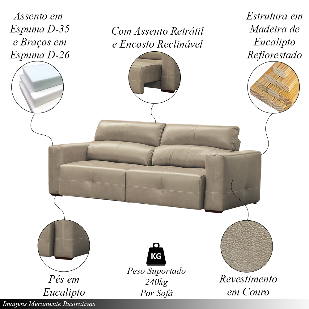 Sofá Decorativo Monica 3 Lugares Sala de estar 252cm Reclinável e Retrátil Couro Avelã G40 - Gran Belo