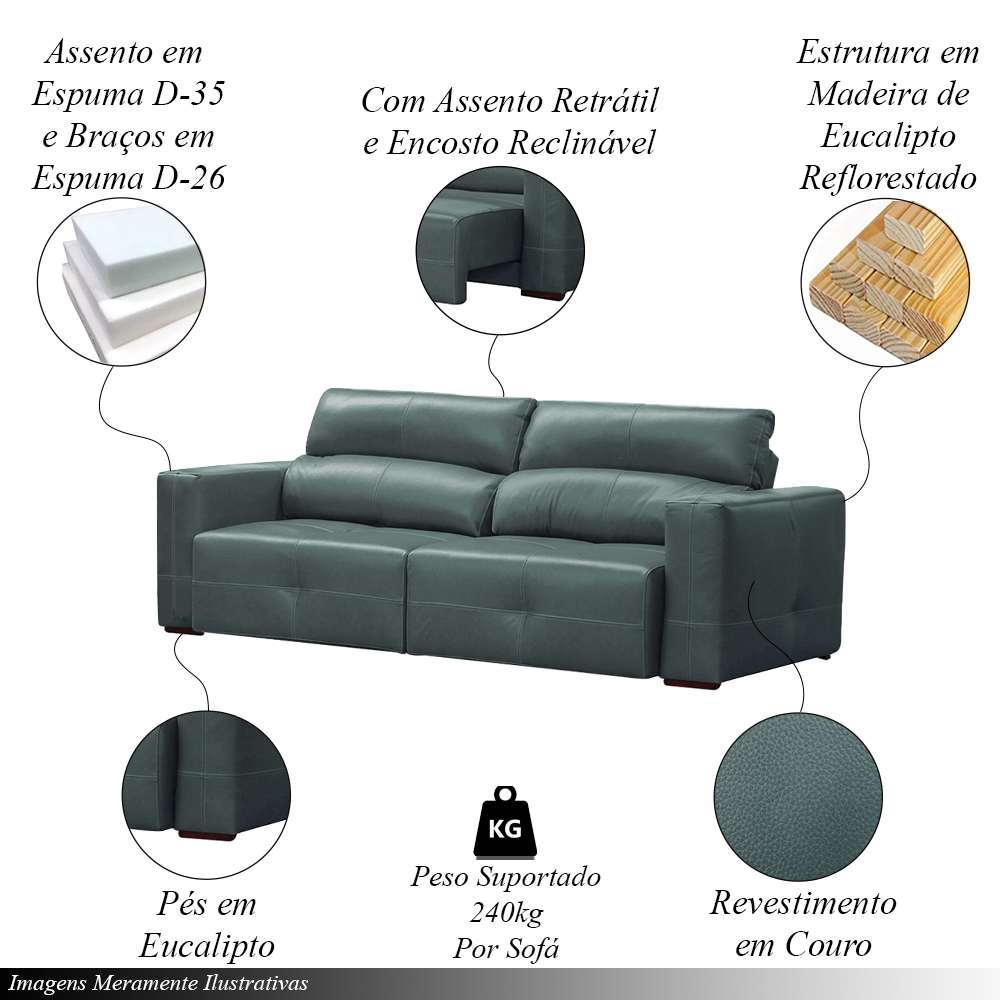Sofá Decorativo Monica 3 Lugares Sala de estar 252cm Reclinável e Retrátil Couro Azul Majestic G40 - Gran Belo