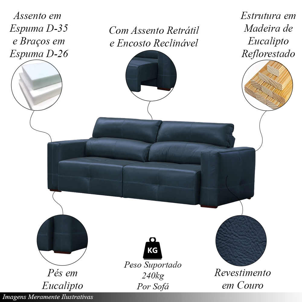 Sofá Decorativo Monica 3 Lugares Sala de estar 252cm Reclinável e Retrátil Couro Azul Marinho Brilho G40 - Gran Belo