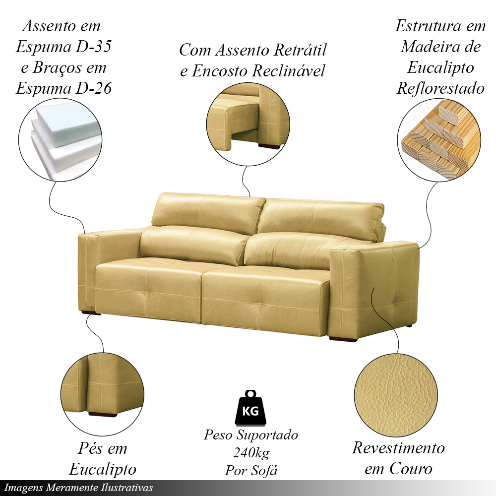 Sofá Decorativo Monica 3 Lugares Sala de estar 252cm Reclinável e Retrátil Couro Bege G40 - Gran Belo