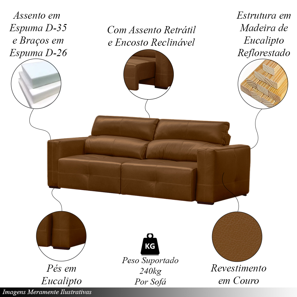 Sofá Decorativo Monica 3 Lugares Sala de estar 252cm Reclinável e Retrátil Couro Caramelo Brilho G40 - Gran Belo