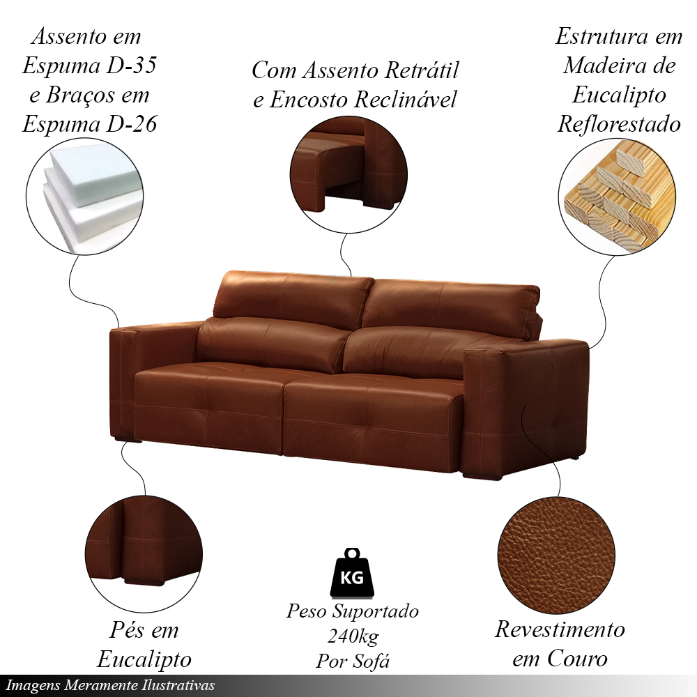 Sofá Decorativo Monica 3 Lugares Sala de estar 252cm Reclinável e Retrátil Couro Conhaque Brilho G40 - Gran Belo