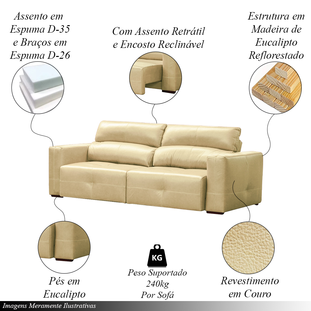 Sofá Decorativo Monica 3 Lugares Sala de estar 252cm Reclinável e Retrátil Couro Creme G40 - Gran Belo