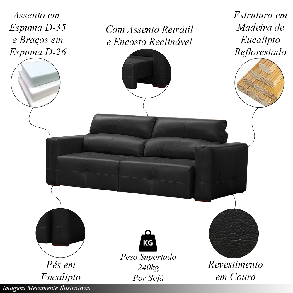 Sofá Decorativo Monica 3 Lugares Sala de estar 252cm Reclinável e Retrátil Couro Preto G40 - Gran Belo