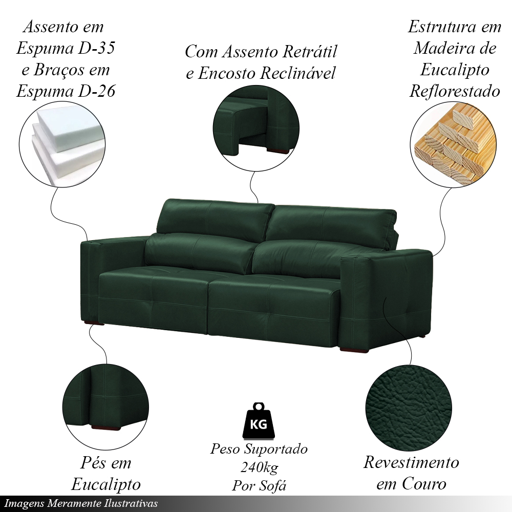 Sofá Decorativo Monica 3 Lugares Sala de estar 252cm Reclinável e Retrátil Couro Verde Esmeralda Brilho G40 - Gran Belo