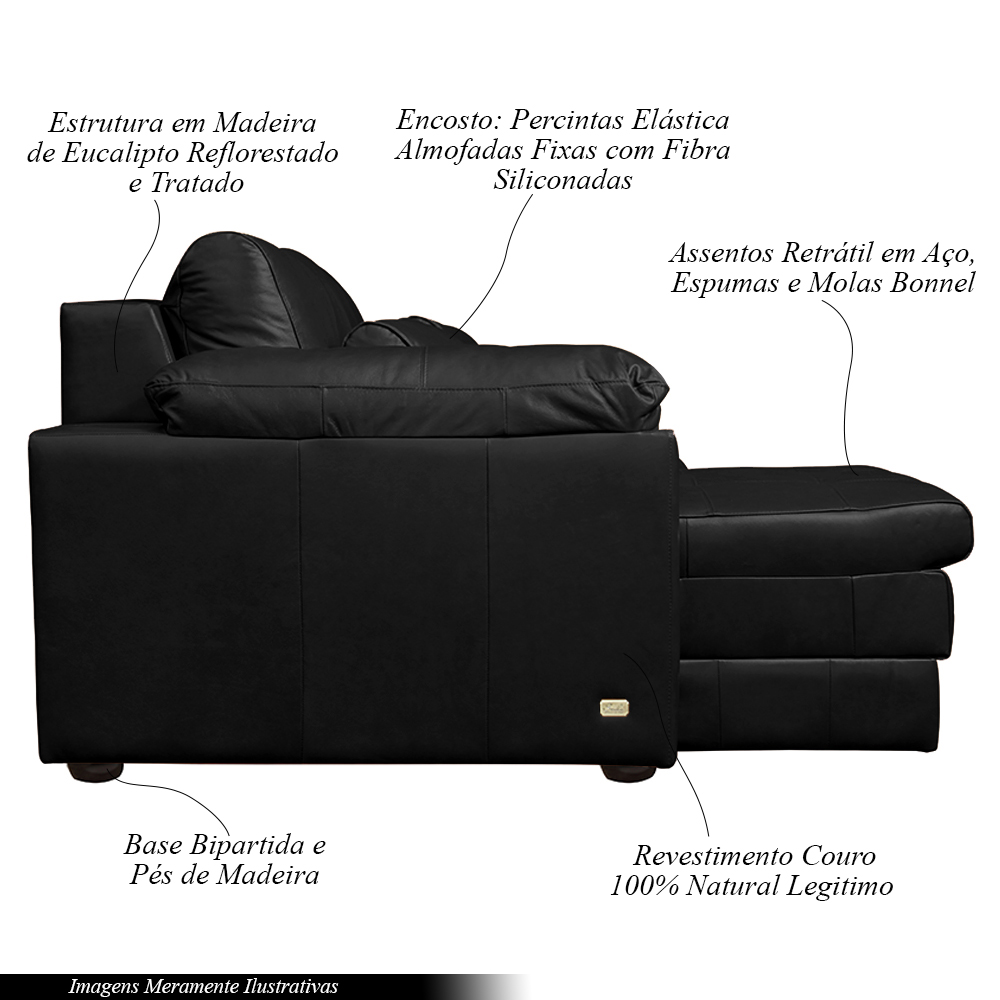 Sofá Decorativo Piece Bipartido Retrátil Sala de Estar 175cm Couro Preto G58 - Gran Belo