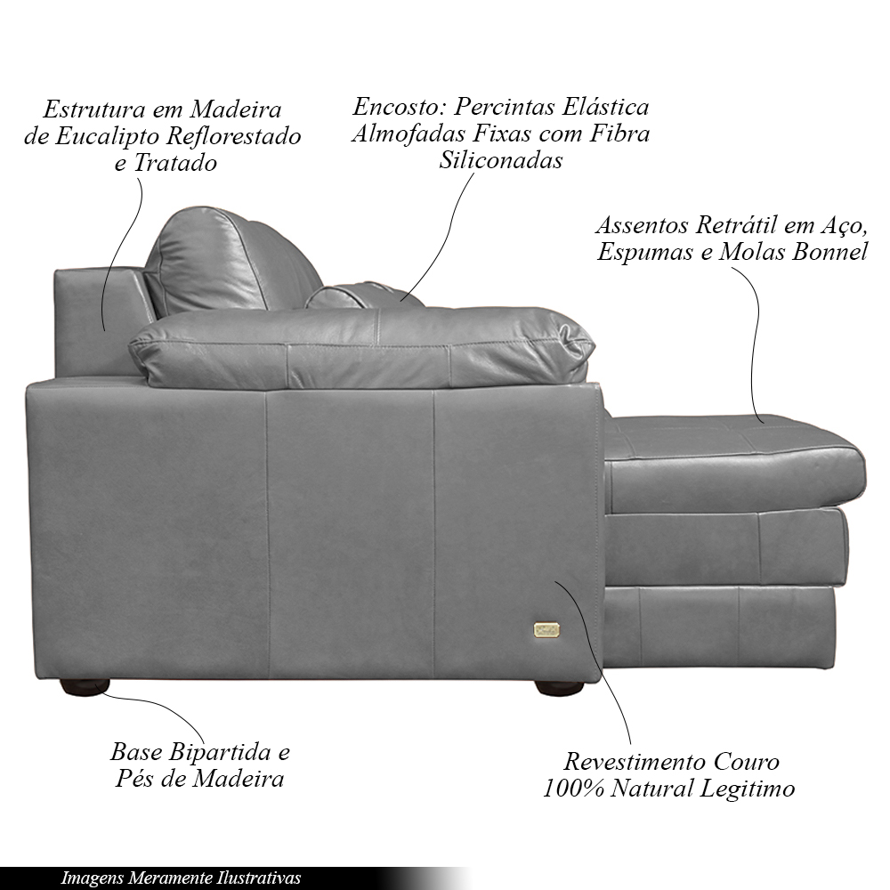 Sofá Decorativo Piece Bipartido Retrátil Sala de Estar 215cm Couro Cinza G58 - Gran Belo