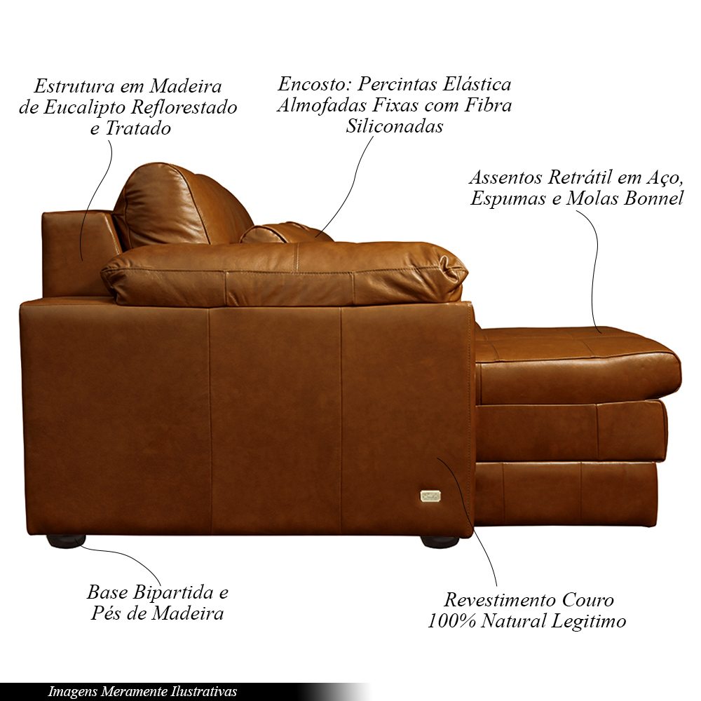Sofá Decorativo Piece Bipartido Retrátil Sala de Estar 215cm Couro Conhaque G58 - Gran Belo