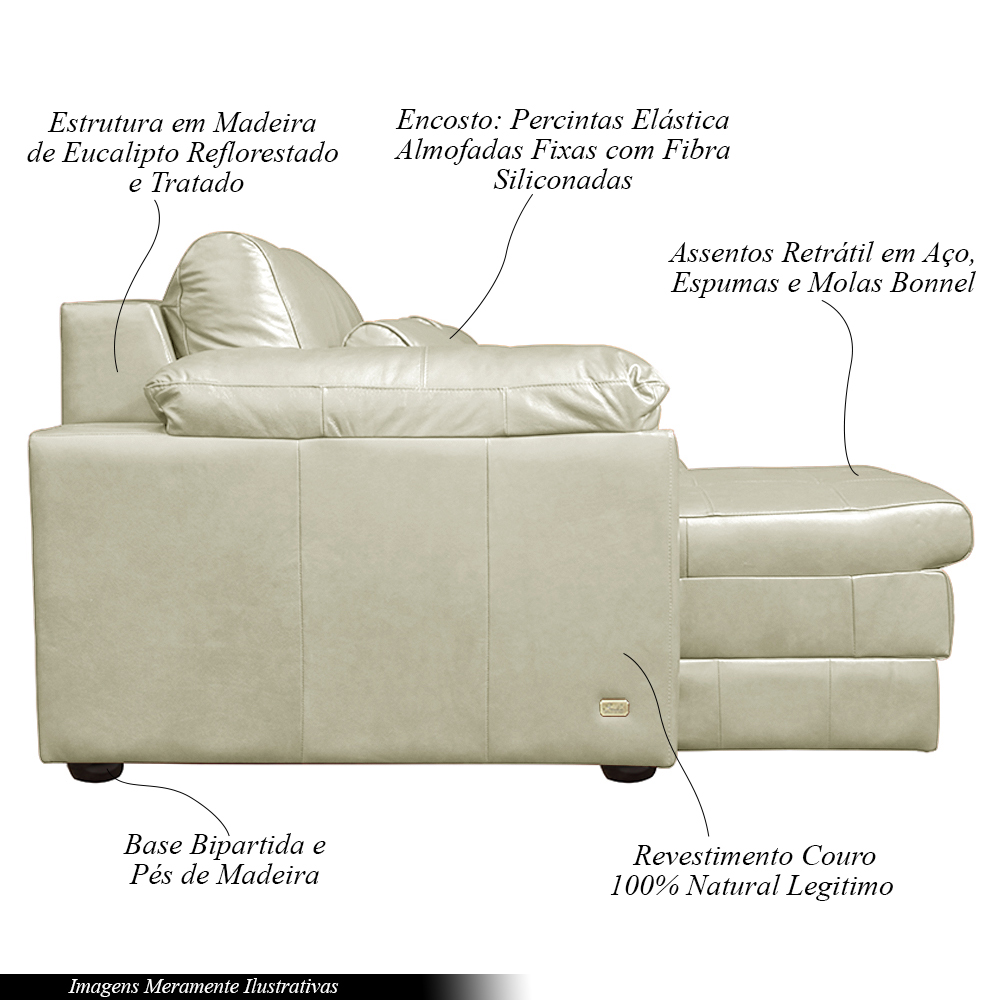 Sofá Decorativo Piece Bipartido Retrátil Sala de Estar 215cm Couro Tiza G58 - Gran Belo