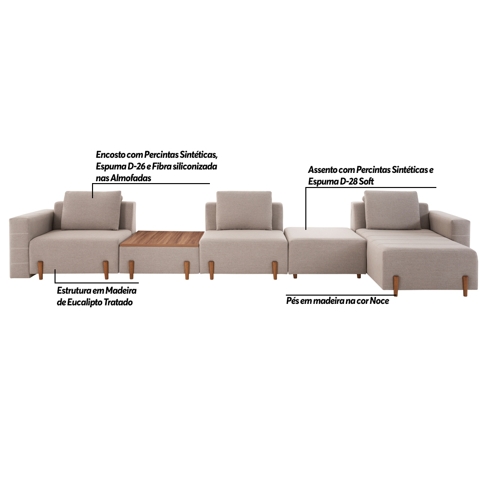 Sofá Decorativo Pierre 5 Módulos Linho Bege/Noce G66 - Gran Belo