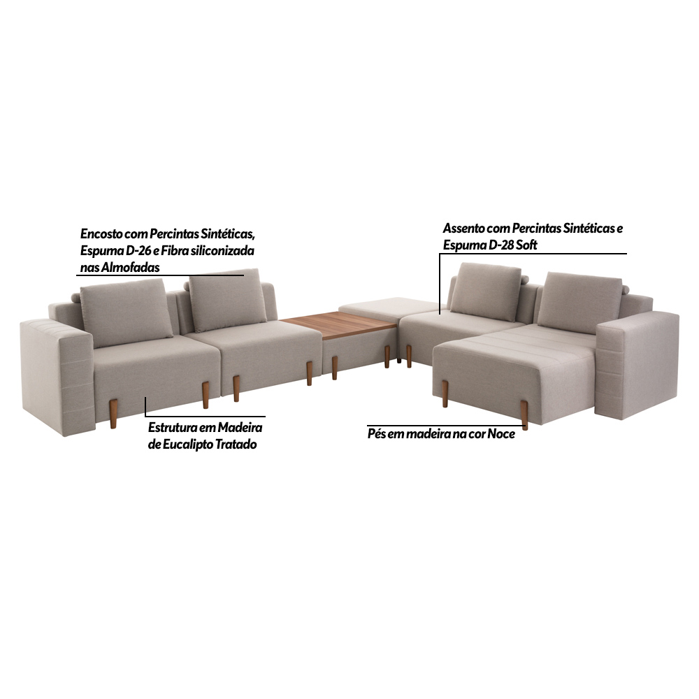 Sofá Decorativo Pierre 6 Módulos Linho Bege/Noce G66 - Gran Belo