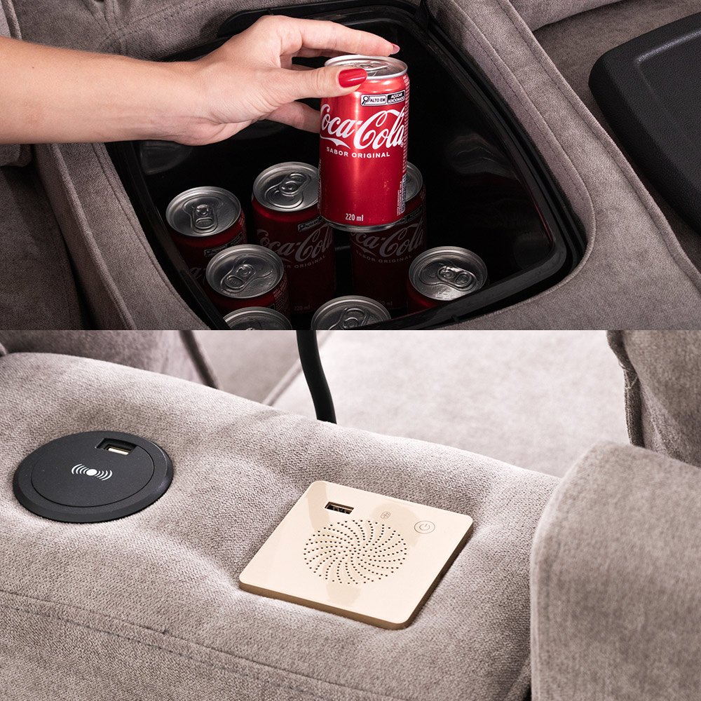 Sofá Decorativo Sala de Cinema Swift Elétrico Reclinável c/Porta Copos Baú Cooler Linho Cinza G81 - Gran Belo