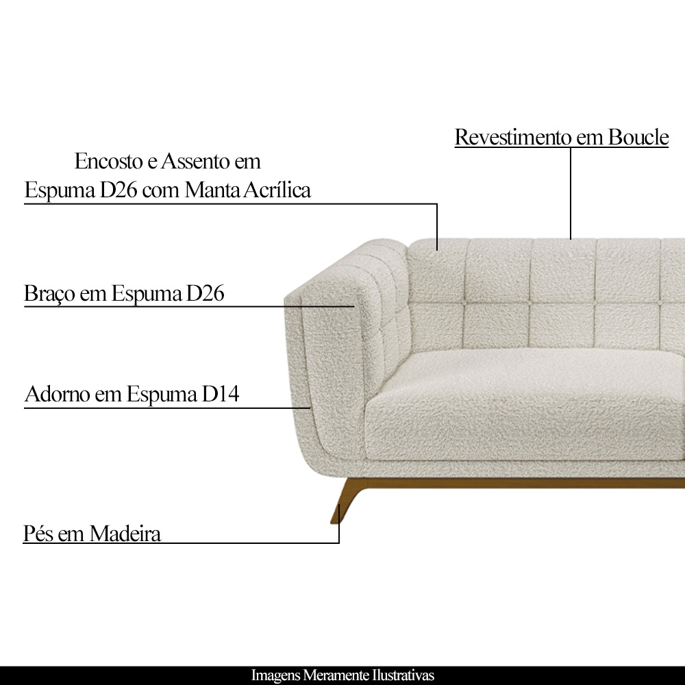Sofá Decorativo Sala de Estar 180cm Rocket 2 Lugares Base Madeira Boucle Off White G45 - Gran Belo