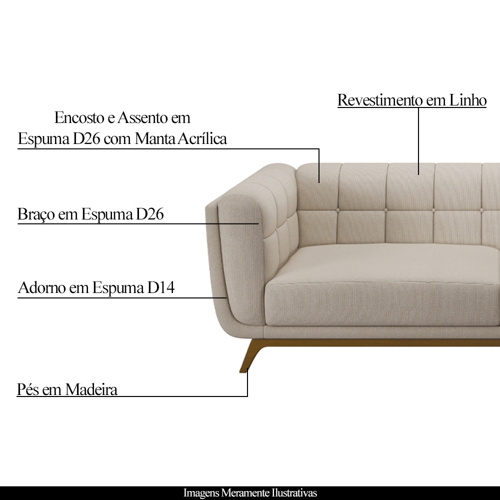 Sofá Decorativo Sala de Estar 180cm Rocket 2 Lugares Base Madeira Linho Off White G45 - Gran Belo