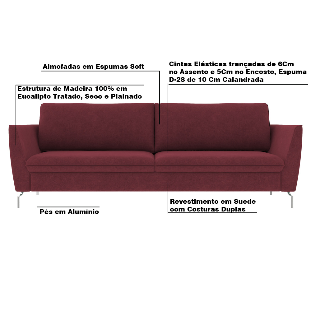 Sofá Decorativo Sala de Estar 190cm Olívia Suede Bordô G52 - Gran Belo