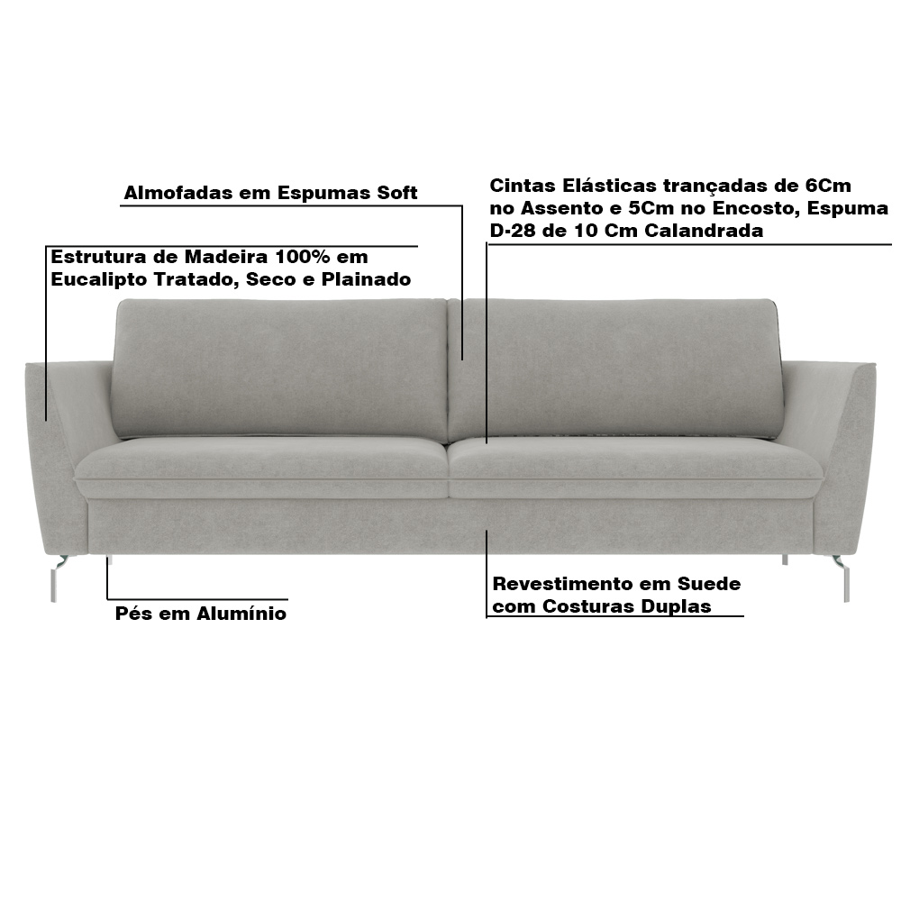 Sofá Decorativo Sala de Estar 190cm Olívia Suede Cinza G52 - Gran Belo